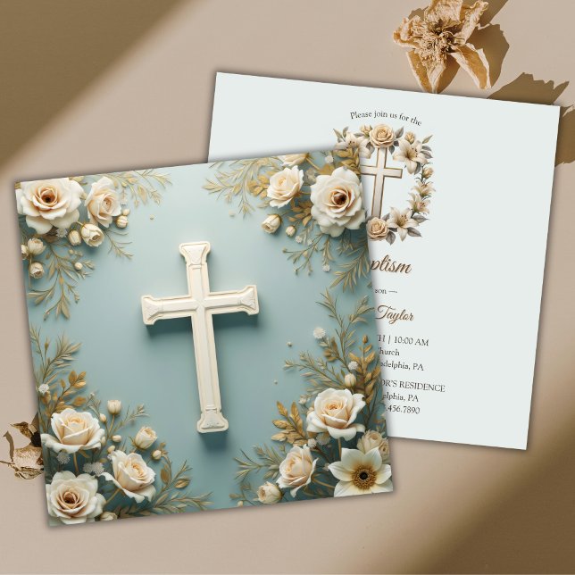 Kor och Vit ros Inbjudningar (Cross and White Roses Catholic Baptism Christening Invitation)