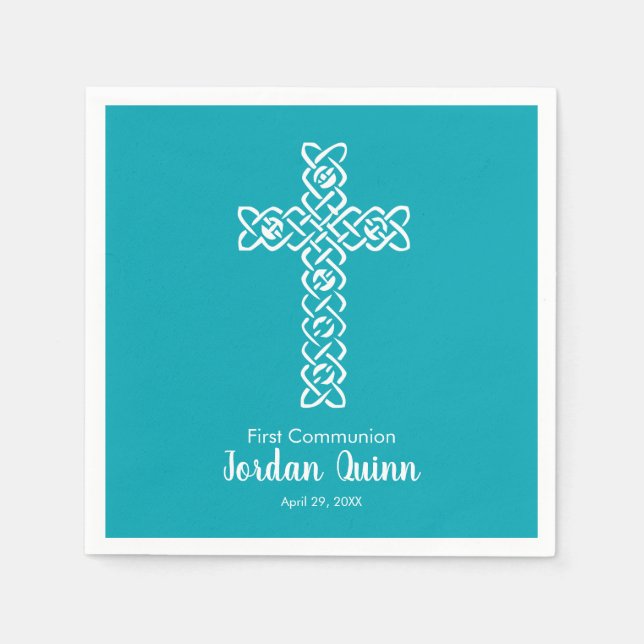 Kor | Peacock Blue Communion Baptism Christening Pappersservett (Framsidan)