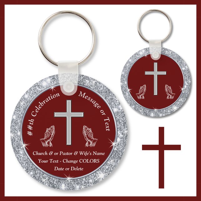 Kor Praying Händer kyrkoårsdag Souvenirs Nyckelring (Church anniversary Ideas. Burgundy and Silver, Church party favors. Cheap church keychains. Cross)