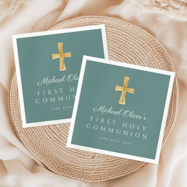 Kor Religiösa Boy Grönt First Heliga Communion Pappersservett (Cross Religious Boy Green First Holy Communion Napkins)