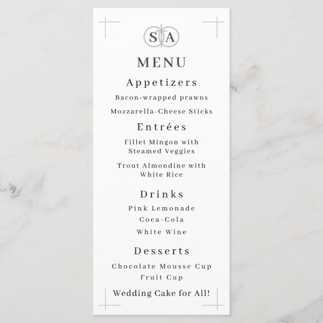 Kor & Ringar Monogrammed Bröllop Meny (Framsida)