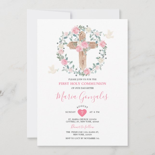 Kor Rosa Flowers Girl First Heliga Communion Inbjudningar (Framsida)