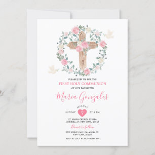 Kor Rosa Flowers Girl First Heliga Communion Inbjudningar
