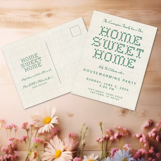 Kor-Stitch Home Sweet Grönt Houseuppvärmning Vykort (Rustic and Charming Faux Cross Stitch Home Sweet Home Green Housewarming Postcard Invitation)