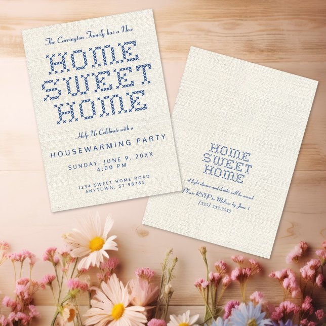 Kor-Stitch Home Sweet Home Blue Houseuppvärmning Inbjudningar (Rustic and Charming Faux Cross stitch Home Sweet Home Blue Housewarming Invitation)