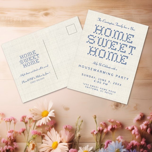 Kor-Stitch Home Sweet Home Blue Houseuppvärmning Vykort (Rustic and Charming Faux Cross stitch Home Sweet Home Blue Housewarming Postcard Invitation)