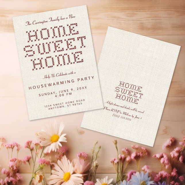 Kor-Stitch Home Sweet Home Burgundy Houseuppvärmni Inbjudningar (Rustic and Charming Faux Cross Stitch Home Sweet Home Burgundy Housewarming Invitation)