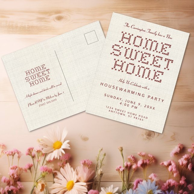 Kor-Stitch Home Sweet Home Burgundy Houseuppvärmni Vykort (Rustic and Charming Faux Cross Stitch Home Sweet Home Burgundy Housewarming Postcard Invitation)