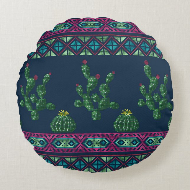 Kor stygn blombroderiy kor-stygn blommigt rund kudde (Framsidan)