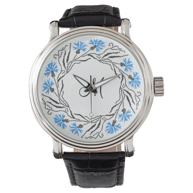 Kor-stygn kornblomcirkel - Monogram - början Armbandsur (Framsida)