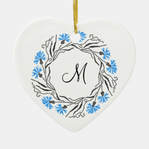 Kor-stygn kornblomcirkel - Monogram - början Julgransprydnad Keramik
