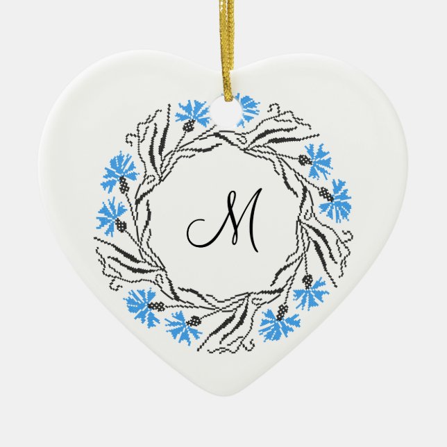 Kor-stygn kornblomcirkel - Monogram - början Julgransprydnad Keramik (Framsidan)