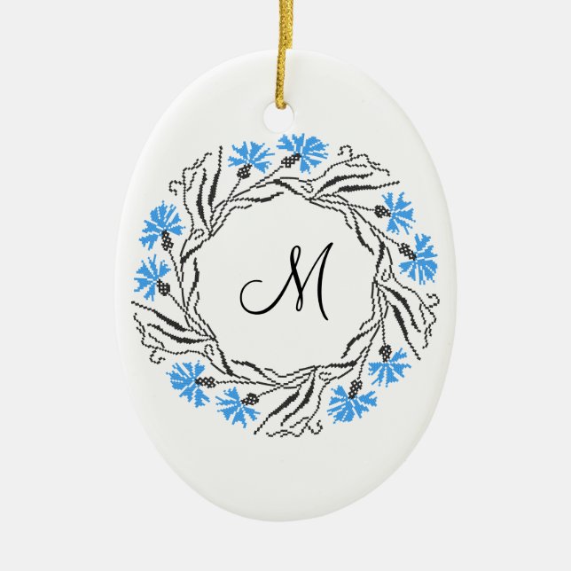 Kor-stygn kornblomcirkel - Monogram - början Julgransprydnad Keramik (Framsidan)