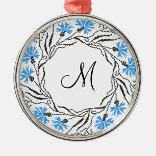 Kor-stygn kornblomcirkel - Monogram - början Julgransprydnad Metall