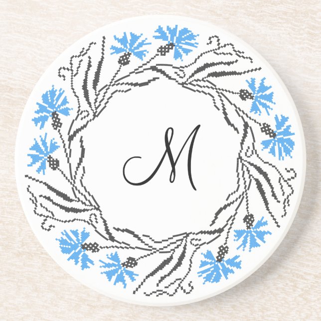 Kor-stygn kornblomcirkel - Monogram - början Underlägg Sandsten (Framsidan)