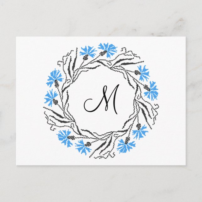 Kor-stygn kornblomcirkel - Monogram - början Vykort (Framsida)