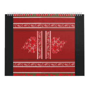 kor stygn mönster med röda blommor och vinstockar kalender