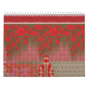kor stygn mönster med röda blommor och vinstockar kalender