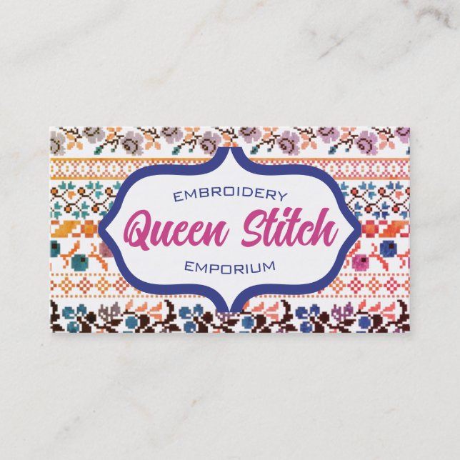 Kor stygn pixel art embroidery Blå blommor Visitkort (Framsida)