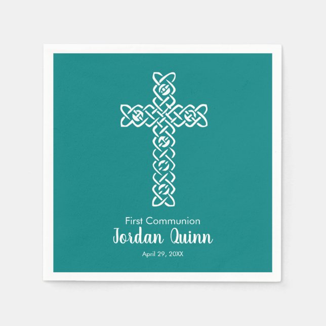 Kor | Teal Communion Baptism Christening Pappersservett (Framsidan)