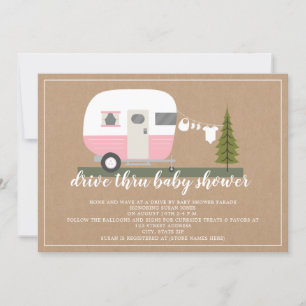 Kör Thru Baby Shower Rosa Camper Woodland Inbjudningar