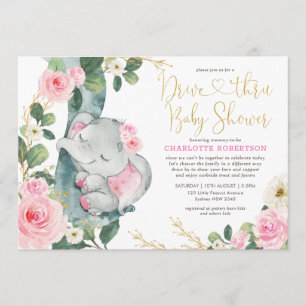 Kör Thru Rosa Guld Elephant Girl Baby Shower Inbjudningar