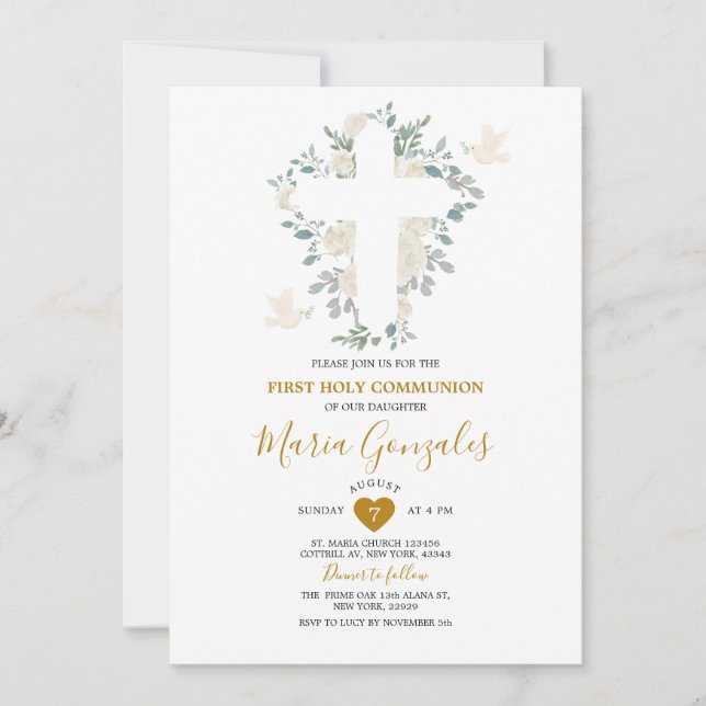 Kor White Flowers Girl First Heliga Communion Inbjudningar (Framsida)