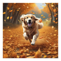 Köra Hund i Höst löv Art Print, Nature Art Art