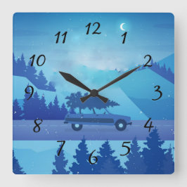 Köra längs vägen med julgran fyrkantig klocka