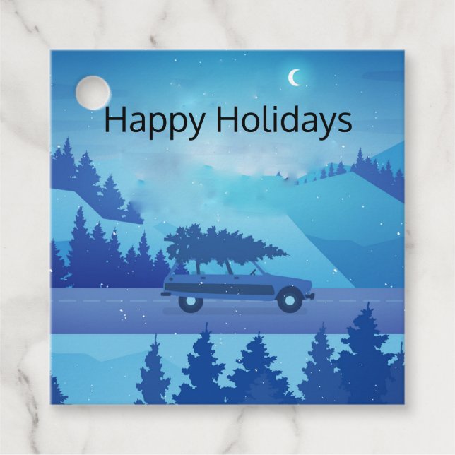 Köra längs vägen med julgran gåvor etiketter (Framsida)