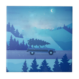 Köra längs vägen med julgran kakelplatta