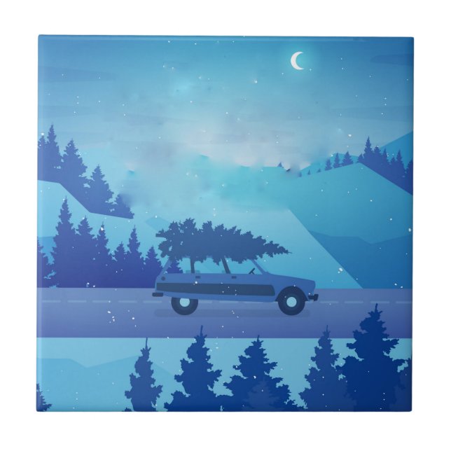 Köra längs vägen med julgran kakelplatta (Framsidan)