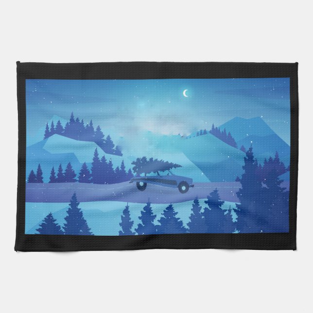 Köra längs vägen med julgran kökshandduk (Horisontell)