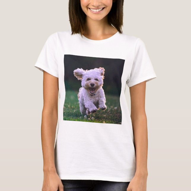 Köra White Pudel Cute Hund T Shirt (Framsida)