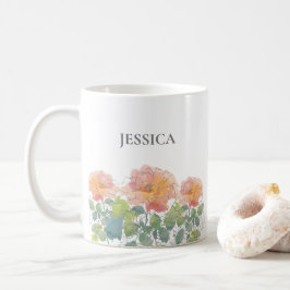 Koral akvarell Blommig Gröna blad Förnamn Kaffemugg