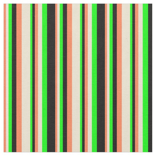 Koral, Beige, Lime & Black Färgad Rand Tyg (Närbild)