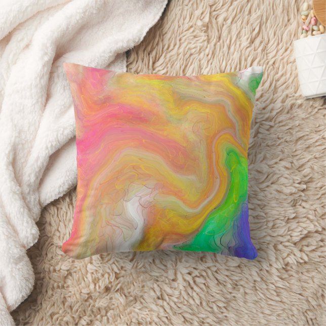 Koral, blått, Grönt, Rosa Abstrakt Fluid Art Kudde (Filt)
