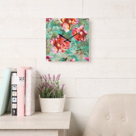 Koral Blommig Turkos - Boho Vintage Kudd Fyrkantig Klocka