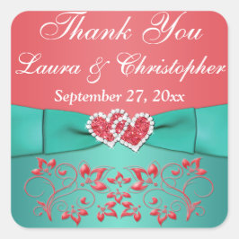 Koral, Blommigt, hjärta 1,5 tum Sq. Wedding Favor Fyrkantigt Klistermärke