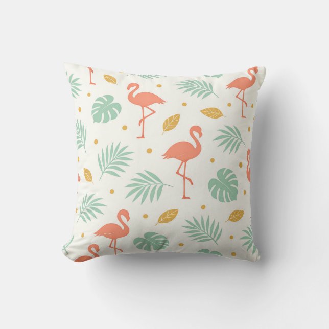 Koral Flamingo Tropiskt Bladmönster Kudde (Framsida)