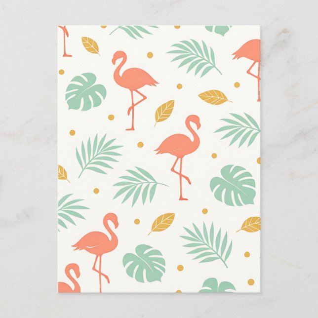 Koral Flamingo Tropiskt Bladmönster Vykort (Framsida)