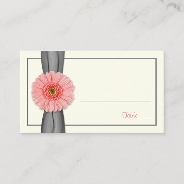 Koral Gerbera Daisy Grått Ribbon Bröllop Place Car Placeringskort (Framsida)