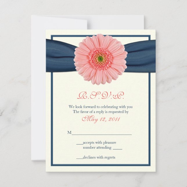 Koral Gerbera Daisy Navy Ribbon Responcard OSA Kort (Framsida)