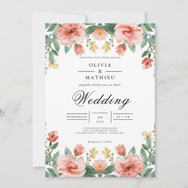 Koral & Grönt Blommigt Arch Bröllop Inbjudningar (Framsida)