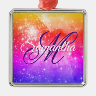 Koral Hot Pink och Lila Celestial Ombre Monogram Julgransprydnad Metall