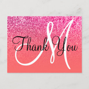Koral Hot Pink Ombre Glitter Monogram Tack Vykort