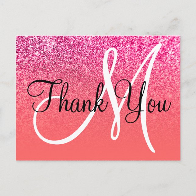 Koral Hot Pink Ombre Glitter Monogram Tack Vykort (Framsida)