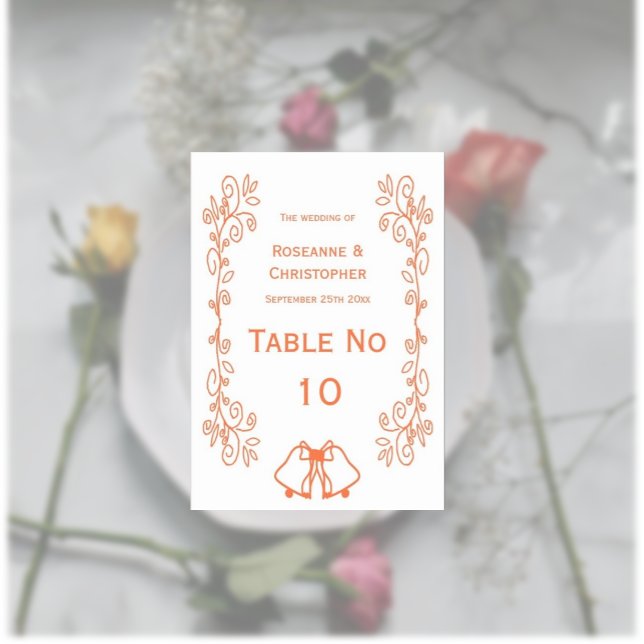 Koral Klockor Scrollwork Design Bröllop Bordsnummer (Coral wedding table number bells and scrollwork design)