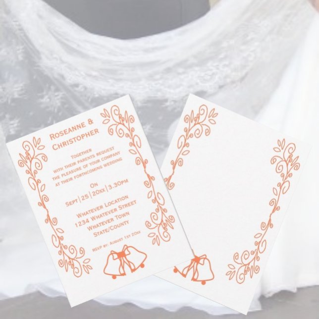 Koral Klockor Scrollwork Design Bröllop Inbjudningar (Coral wedding invitation bells and scrollwork design)