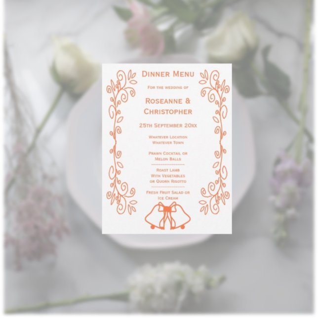 Koral Klockor Scrollwork Design Bröllop Meny (Coral wedding menu bells and scrollwork design)